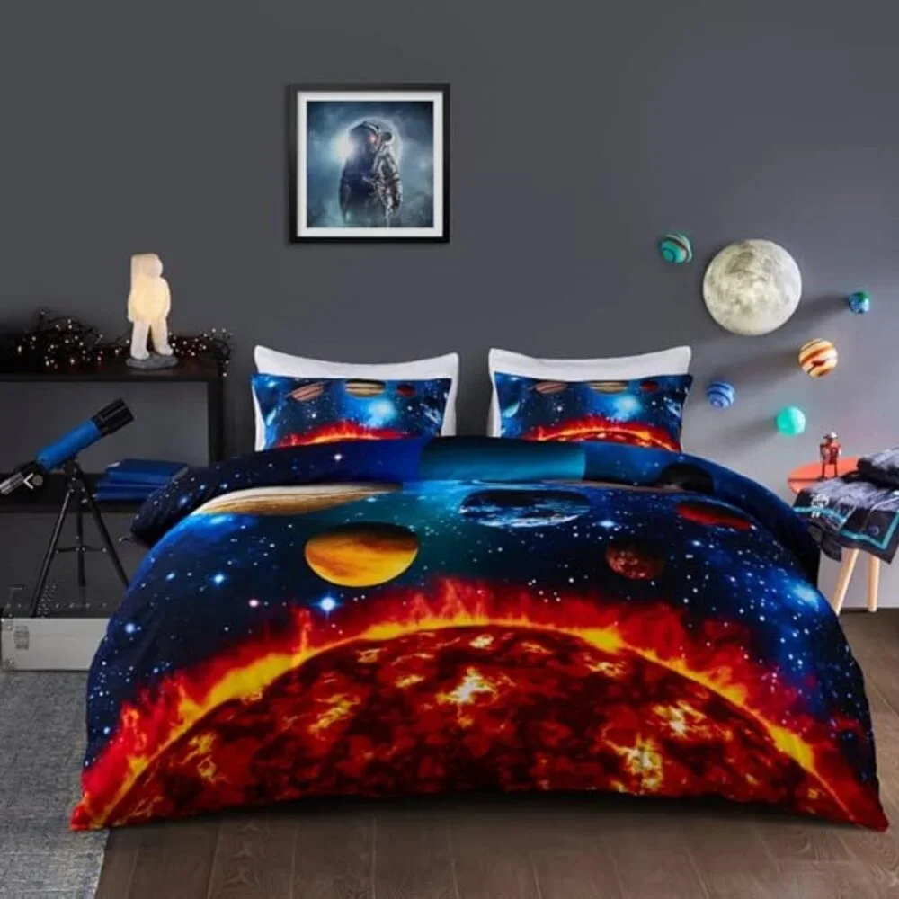 Twin Size Duvet + Pillowcase Set Galaxy Space Planets Solar System Multicolor